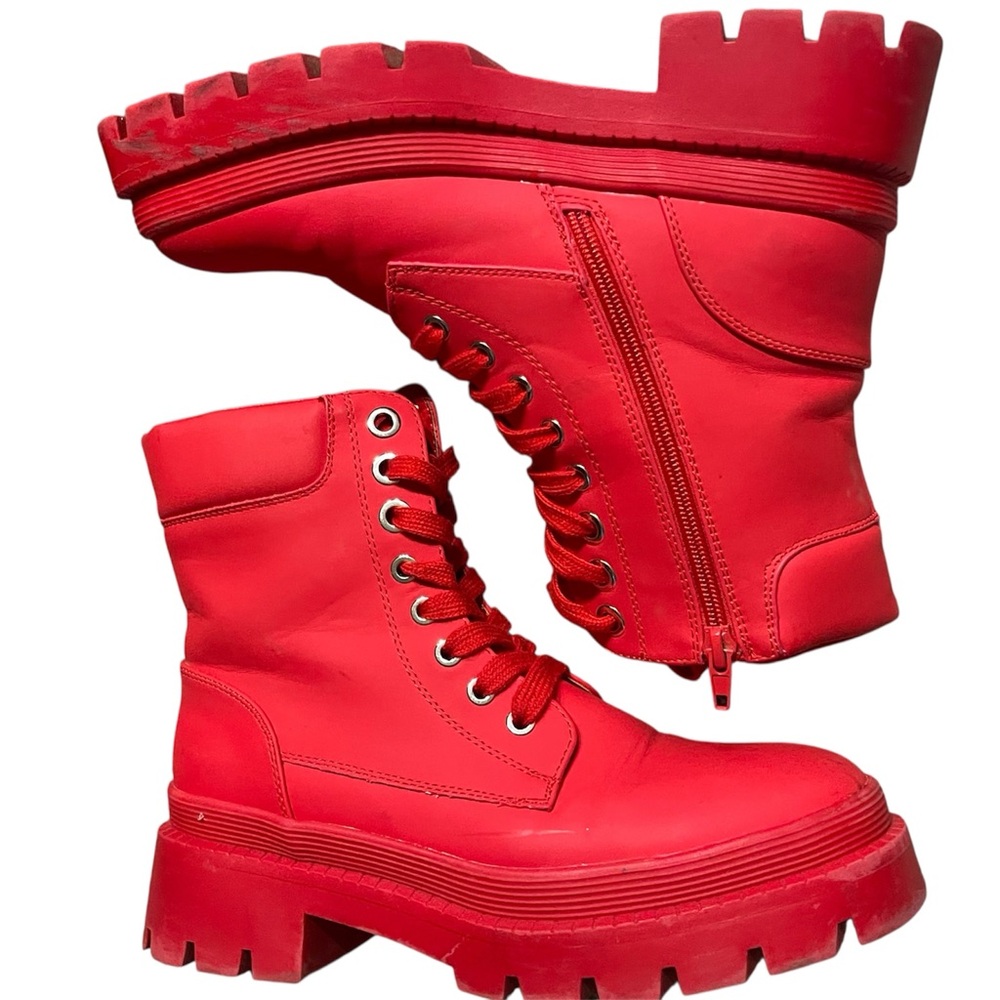 Red Women's Combat Boots - Picture 2 of 7